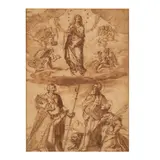 Ecole italienne, Vierge Immaculée avec saints, red chalk, pen and brown ink, brown wash on paper, squared for transfer