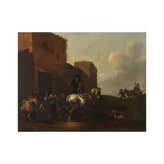 Simon Johannes van Douw, Cavaliers et chevaux chez le maréchal-ferrant, oil on panel