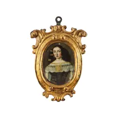 Ecole espagnole, Portrait de dame de qualité habillé en noir, et une coiffure aux rubans jaunes, oil on copper, oval