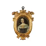 Ecole espagnole, Portrait de dame de qualité habillé en noir, et une coiffure aux rubans jaunes, oil on copper, oval
