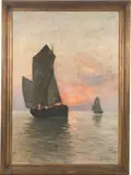 Max Clarenbach, Segelboote bei Sonnenuntergang, 1902, Öl auf Leinwand