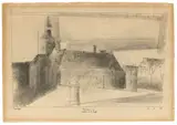 Lyonel Feininger, Rathaus von Treptow a.d. Rega, 1928, Kohle und Tuschfeder auf Bütten