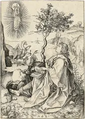 Martin Schongauer, St. John on Patmos“ / „Johannes auf Patmos“. Um 1480, Kupferstich auf Bütten (Wasserzeichen: Dreiberg mit Kreuz)
