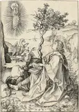 Martin Schongauer, St. John on Patmos“ / „Johannes auf Patmos“. Um 1480, Kupferstich auf Bütten (Wasserzeichen: Dreiberg mit Kreuz)
