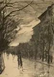 Lesser Ury, Berliner Straßenszene, Um 1915, Kohle auf festem, gelblichem Papier