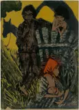 Otto Mueller, Zigeunerfamilie am Planwagen, 1926, Farblithografie, teils handkoloriert, auf graugrünem Papier