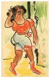 Max Pechstein, Sängerin auf der Bühne, 1910, Farbkreide über Pinsel in Schwarz auf leichtem Karton (Postkarte)