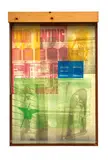 Robert Rauschenberg, Sling Shots Lit #6, 1985, Lithograph and assemblage with sailcloth, Mylar, wooden lightbox, window shade system, Plexiglas bars, and fluorescent light fixture