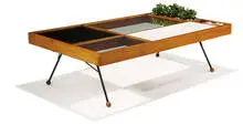 Milo Baughman, Coffee table, c. 1955, Walnut, lacquered Masonite, glass, metal