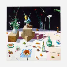 Paul Wonner, Dutch Still Life with Flowers Cartons and Desserts, 1982, acrylic on canvas
