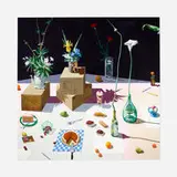 Paul Wonner, Dutch Still Life with Flowers Cartons and Desserts, 1982, acrylic on canvas