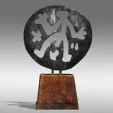 A. R. Penck, Standart in Weltenrund (Standart in World Bubble), stainless steel, wood base