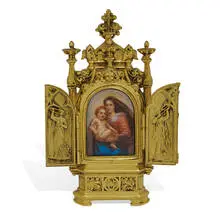 Gothic Revival triptych icon with an inset plaque by Erhard & Söhne, Germany, sold Apr 2021