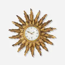 Lepaute, Sunburst wall clock, c. 1960, gilt wood, enameled steel, glass, brass