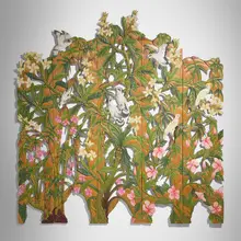 Balinese, Five-panel dressing screen with tropical scene, painted and carved birch, brass
