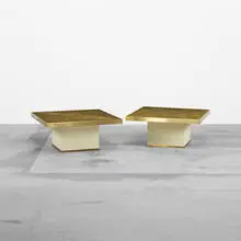 Willy Daro, occasional tables, pair, c. 1975, etched brass, lacquered wood