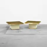 Willy Daro, occasional tables, pair, c. 1975, etched brass, lacquered wood