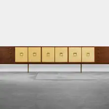 Harvey Probber, custom cabinet, c. 1965, walnut, leather