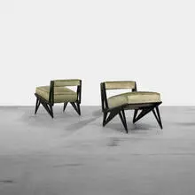 attribution Ico Parisi, lounge chairs, pair, c. 1950, lacquered Italian walnut, silk