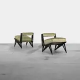 attribution Ico Parisi, lounge chairs, pair, c. 1950, lacquered Italian walnut, silk