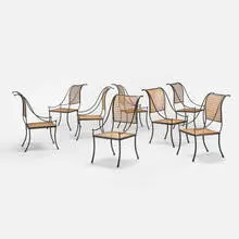 John Vesey, dining chairs, set of eight, c. 1958, wrought iron, cane