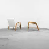 lounge chairs, pair by T. H. Robsjohn-Gibbings, c. 1955, bleached walnut, upholstery, sold Apr 2012