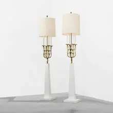 floor lamps, pair by Tommi Parzinger, c. 1950, lacquered wood, brass, paper, enameled steel, sold Apr 2012