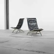John Vesey, Maximilian lounge chairs, pair, c. 1958, aluminum, leather, steel mesh