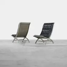 John Vesey, Maximilian lounge chairs, pair, c. 1958, aluminum, leather, steel mesh