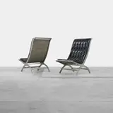 John Vesey, Maximilian lounge chairs, pair, c. 1958, aluminum, leather, steel mesh