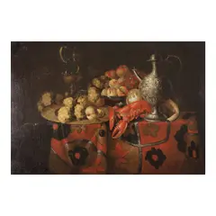 Cornelis de Heem, Nature morte avec un homard, une aiguière en argent, un plat de raisins et de pêches sur une table drapée, oil on canvas