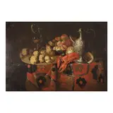 Cornelis de Heem, Nature morte avec un homard, une aiguière en argent, un plat de raisins et de pêches sur une table drapée, oil on canvas