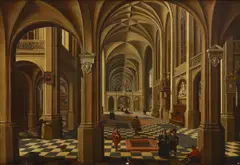 Bartholomeus van Bassen, A church interior with elegant figures and dogs, oil on canvas
