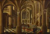 Bartholomeus van Bassen, A church interior with elegant figures and dogs, oil on canvas