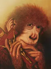 A chimpanzee holding a crucifix by Charles Jordan, oil on canvas, sold Jun 2023