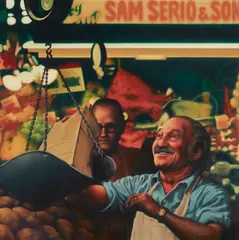 The fruit seller by Charles Jordan, oil on canvas, sold Jun 2023