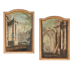 called Il Mirandolese Pietro Paltronieri, Classical ruins; and a companion painting (a pair), oil on shaped canvas