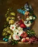 Continental School, A floral still life with fruit, oil on canvas