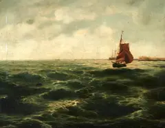 Allan Broadbent, A ship on open water, oil on canvas