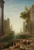 A capriccio with figures in a port by Italian School, oil on canvas, sold Jun 2023