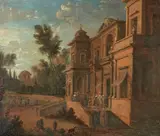 Figures outside of an Italian villa; and a companion painting (a pair) by Italian School, oil on canvas, sold Jun 2023