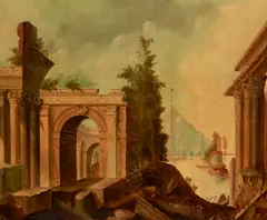 Italianate ruins on a harbor by Italian School, oil on canvas, sold Jun 2023
