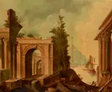 Italianate ruins on a harbor by Italian School, oil on canvas, sold Jun 2023