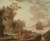 Carle Vernet, Figures resting on a rock near a port, oil on canvas