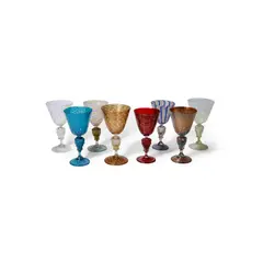Salviati and Co., Set of Seven Lion Head Wine Goblets, opalescent, aventurine, latticino, cane blown glass