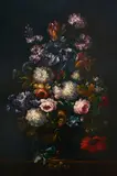 A still life with flowers in an urn set on a ledge; and a companion painting (a pair) by French School, both oil on canvas, sold Nov 2023