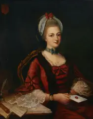 A half length portrait of a seated woman with an envelope by Continental School, oil on canvas, sold Nov 2023