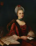 A half length portrait of a seated woman with an envelope by Continental School, oil on canvas, sold Nov 2023