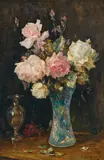 A still life with roses in a glass vase by American School, oil on canvas, sold Nov 2023
