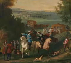 A meeting in an extensive landscape by Charles Moreau, oil on canvas, offered Nov 2023